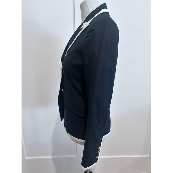 Tory Burch Navy Blue Double Breasted Blazer Gold Logo Buttons White Trim Size 6 - Picture 5 of 12